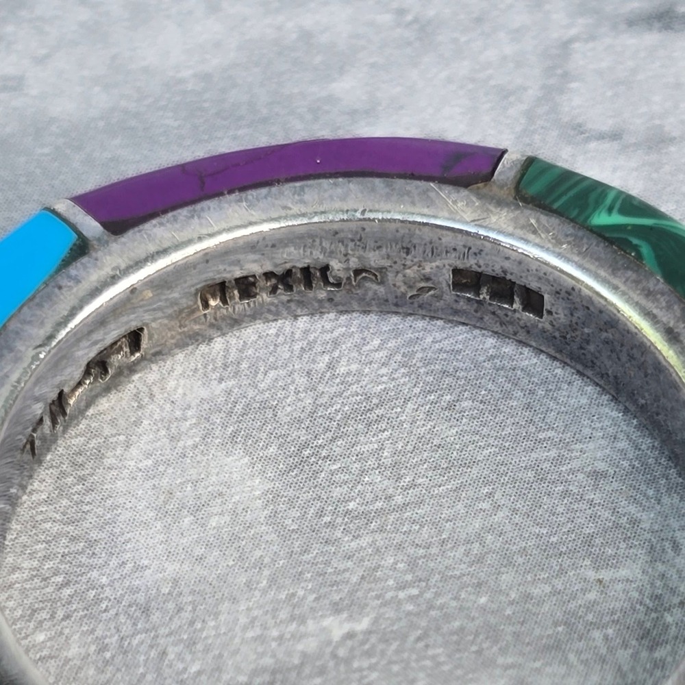 Mexico 950 Silver Multi Stone Inlay Hoop Earrings TN-57 Turquoise Malachite 14g - Picture 8 of 14